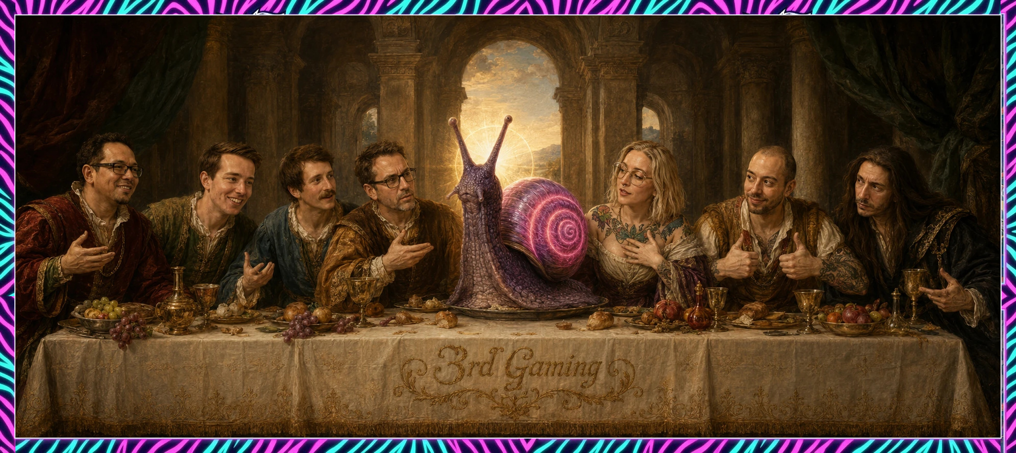 3rd Gaming admin team gathered around a glowing snail at a banquet
